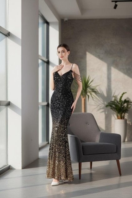 Dlouhé společenské černo-zlaté flitrované šaty na ramínka