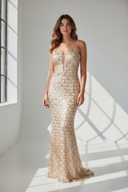 Dlhé spoločenské zlaté flitrované šaty na ramienka