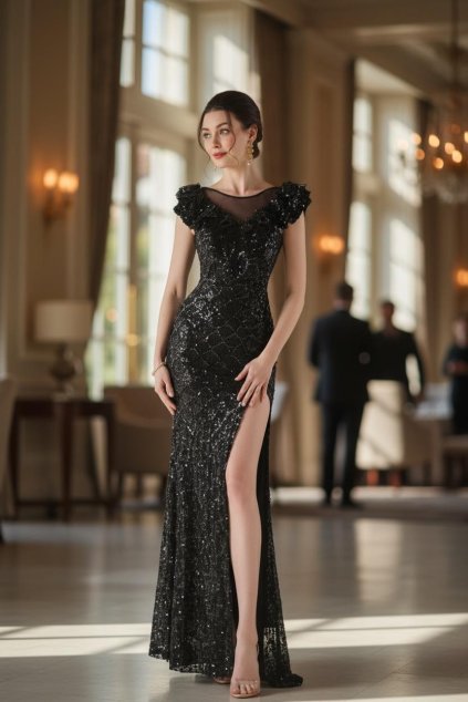 Dlhé spoločenské čierne flitrované šaty s volánmi