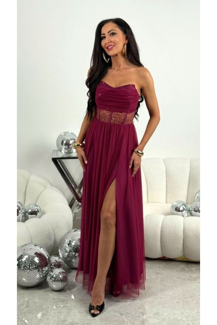 Dlouhé společenské bordó korzetové šaty s tylovou sukní