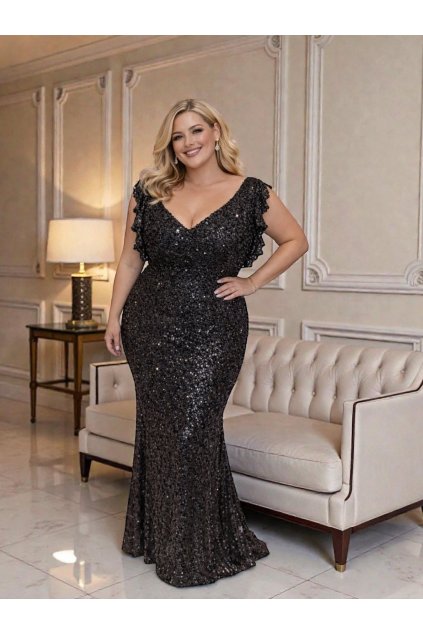 Dlouhé společenské černé flitrované šaty s volánmi