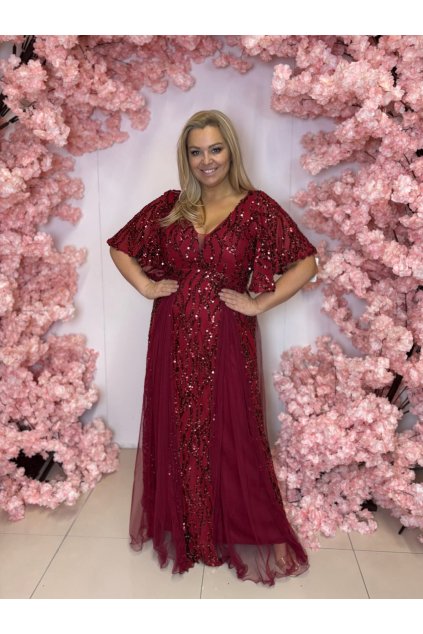 Dlouhé společenské bordó šaty s flitry a tylem