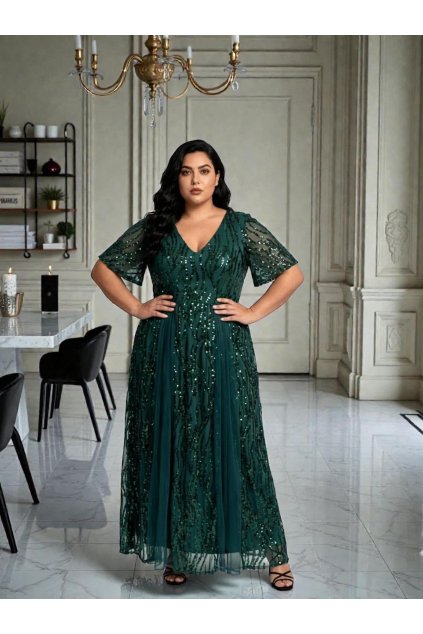 Dlhé spoločenské zelené šaty s flitrami a tylom