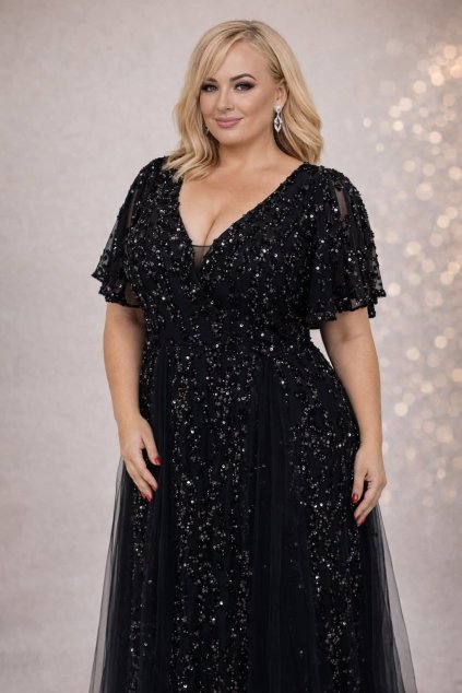 Dlhé spoločenské čierne šaty s flitrami a tylom