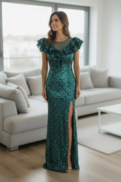 Dlouhé společenské zelené flitrované šaty s volány