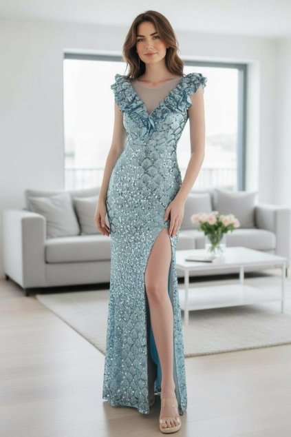 Dlouhé společenské modré flitrované šaty s volány