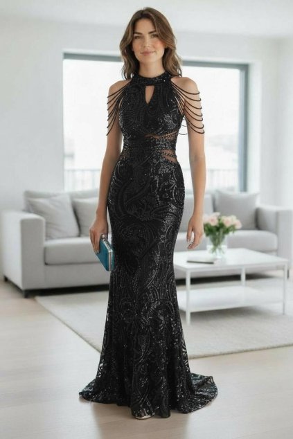 Dlouhé společenské černé flitrované šaty s kamínky