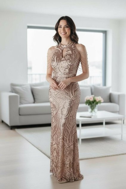 Dlhé spoločenské zlaté flitrované šaty s kamienkami