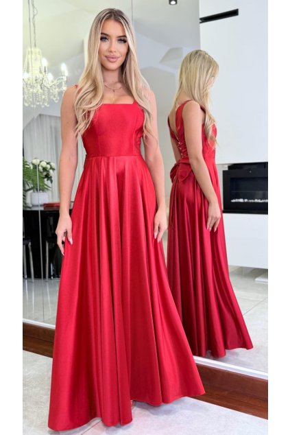 Dlouhé společenské červené šaty s mašlí
