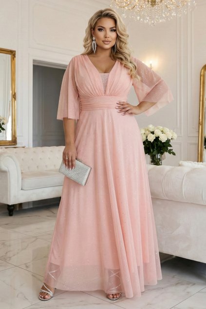 654 4 dluga polyskujaca sukienka plus size z dekoltem i transparentnym rekawkiem brzoskwiniowa 20683