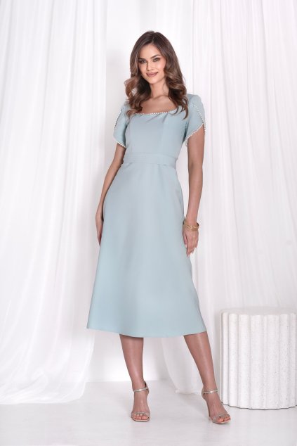 Mentolové midi šaty s perličkami