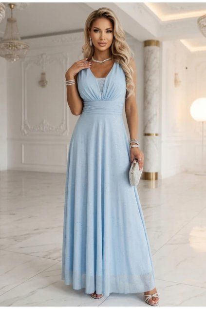 Dlouhé společenské bledě modré šaty s tylem a třpytkama