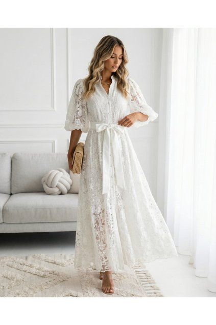 Biele čipkované šaty s gombíkmi