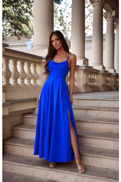 Dlouhé společenské královsky modré šaty s vázáním