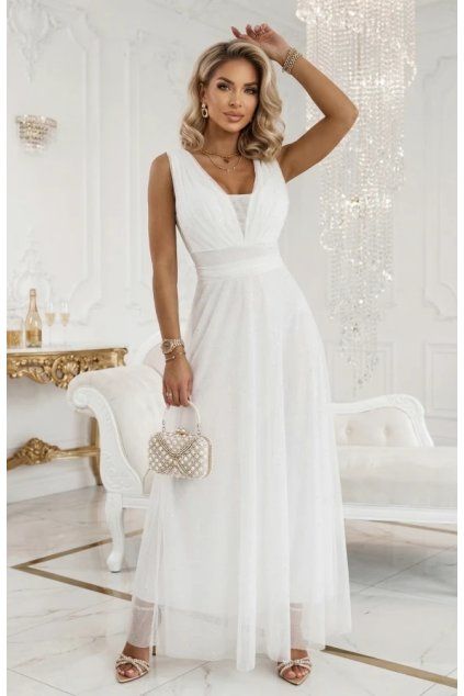 Dlouhé společenské bílé šaty s tylem