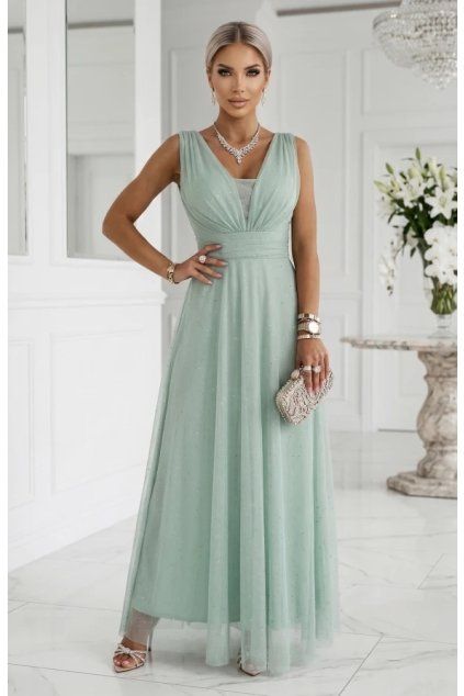 Dlhé spoločenské bledozelené šaty s tylom