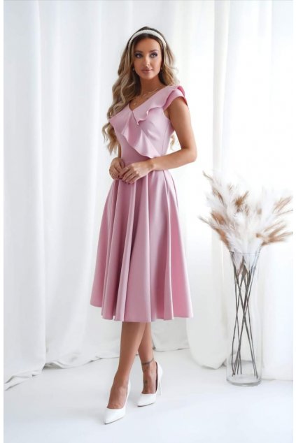 Ružové midi šaty s volánovým výstrihom