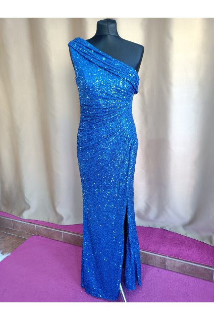 Dlouhé společenské královsky modré flitrované šaty s řasením