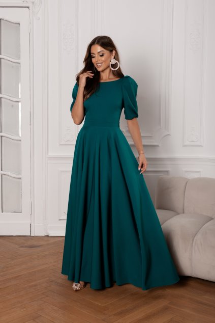 Dlhé spoločenské zelené šaty s puff rukávmi