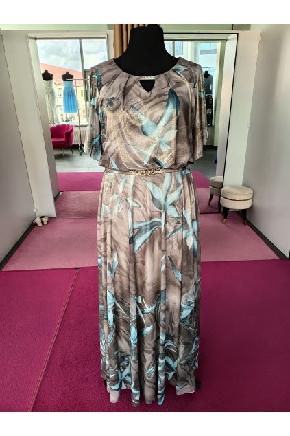 Dlhé spoločenské hnedé vzorované šaty so zlatým zdobením