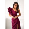 Dlouhé společenské bordó šaty s volánem na jedno rameno