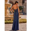 Dlhé spoločenské tmavomodré šaty s kamienkami a viazaním