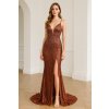 Dlhé spoločenské hnedé šaty s kamienkami a viazaním