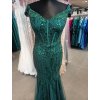 Dlouhé společenské zelené korzetové šaty s flitry a padlými rameny
