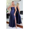 Dlouhé společenské tmavě modré šaty s mašlí