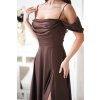 Dlhé spoločenské čokoládové lesklé šaty s padnutými ramenami