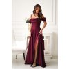 Dlhé spoločenské vínové lesklé šaty s padnutými ramenami
