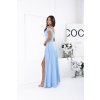 Dlhé spoločenské bledomodré šaty s flitrami a padnutými ramenami