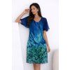 Modro-zelené vzorované šaty s volánovým rukávem