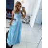 Dlhé bledomodré spoločenské šaty s čipkou a padavou sukňou