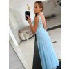 Dlhé spoločenské bledomodré šaty s čipkou