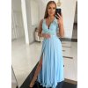 Dlhé spoločenské bledomodré šaty s čipkou
