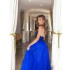 Dlhé spoločenské kráľovsky modré šaty s flitrami a tylovou sukňou
