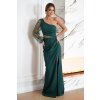 Dlouhé společenské zelené flitrované šaty na jedno rameno