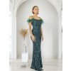 Dlouhé společenské zelené šaty s flitry a peříčky