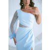 Dlhé spoločenské bledomodré flitrované šaty na jedno rameno
