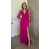 Dlouhé společenské fuchsiovy šaty s flitrovými rukávy a pasem