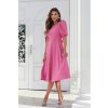 Růžové midi šaty s puff rukávy