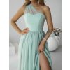 Dlhé spoločenské bledozelené tylové šaty na jedno rameno