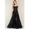 Dlhé spoločenské čierne saténové šaty s viazaním