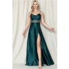Dlhé spoločenské zelené saténové šaty s viazaním