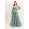 Dlhé spoločenské bledozelené tylové šaty s korzetom