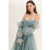 Dlhé spoločenské bledozelené tylové šaty s korzetom