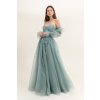 Dlhé spoločenské bledozelené tylové šaty s korzetom