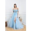 Dlhé spoločenské bledomodré korzetové šaty s čipkou a tylom