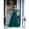 Dlouhé společenské zelené tylové šaty s padlými rameny